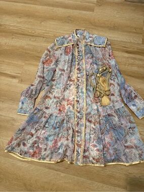 Pastel Paisley Long-Sleeve Tiered Dress with Gold Trim
